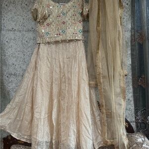 Pakistani Indian Elegant Cream and Gold Embroidered Lehenga Set